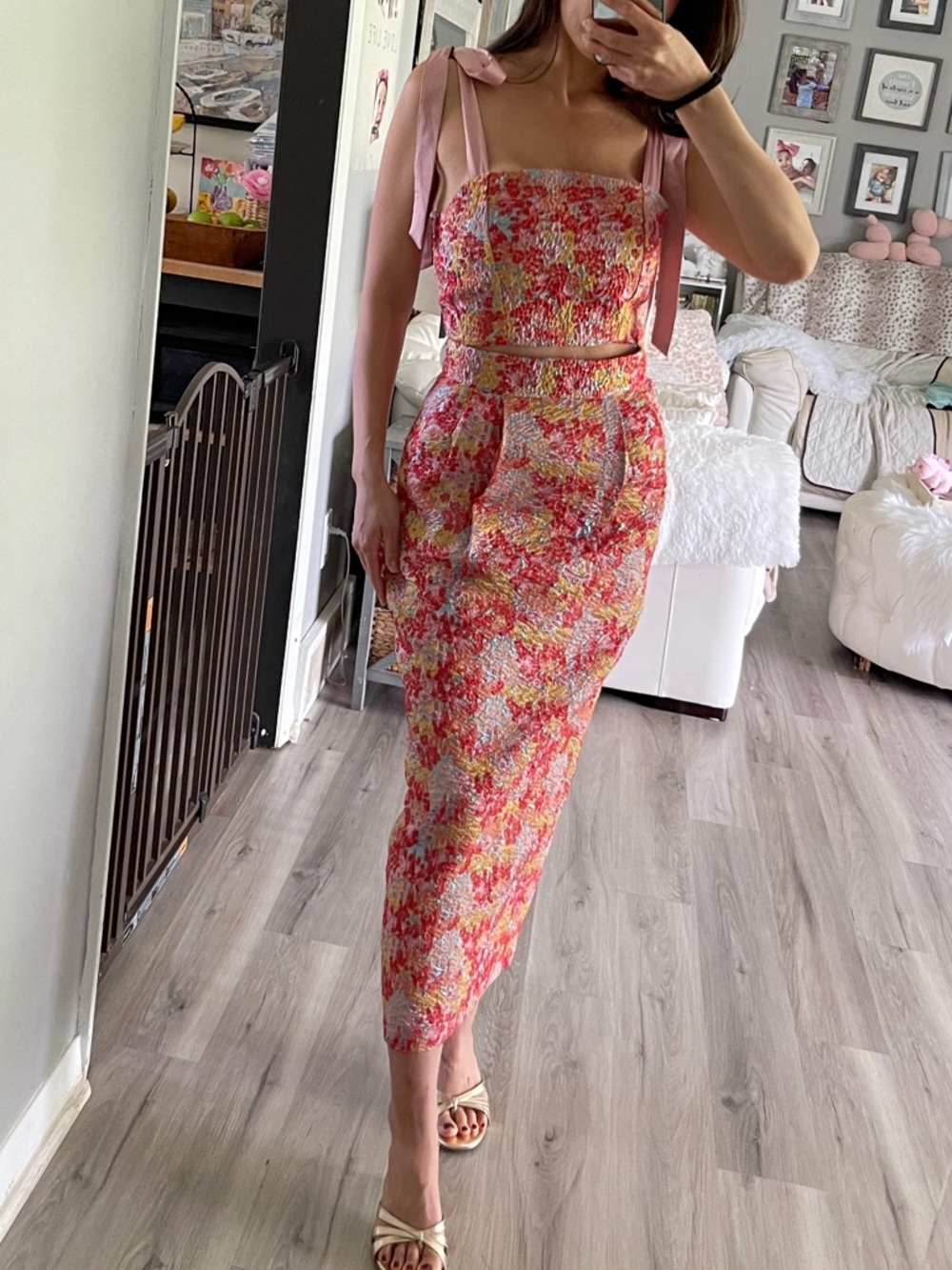 Lulu's Floral Textured Pencil Skirt set in Red, Yellow & Pink